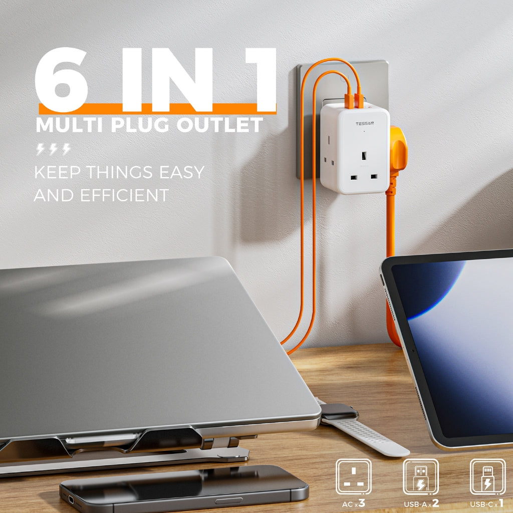 TESSAN - 6 in 1 Wall Socket Multi Plug 3 UK Main with 2 USB A & 1 USB C