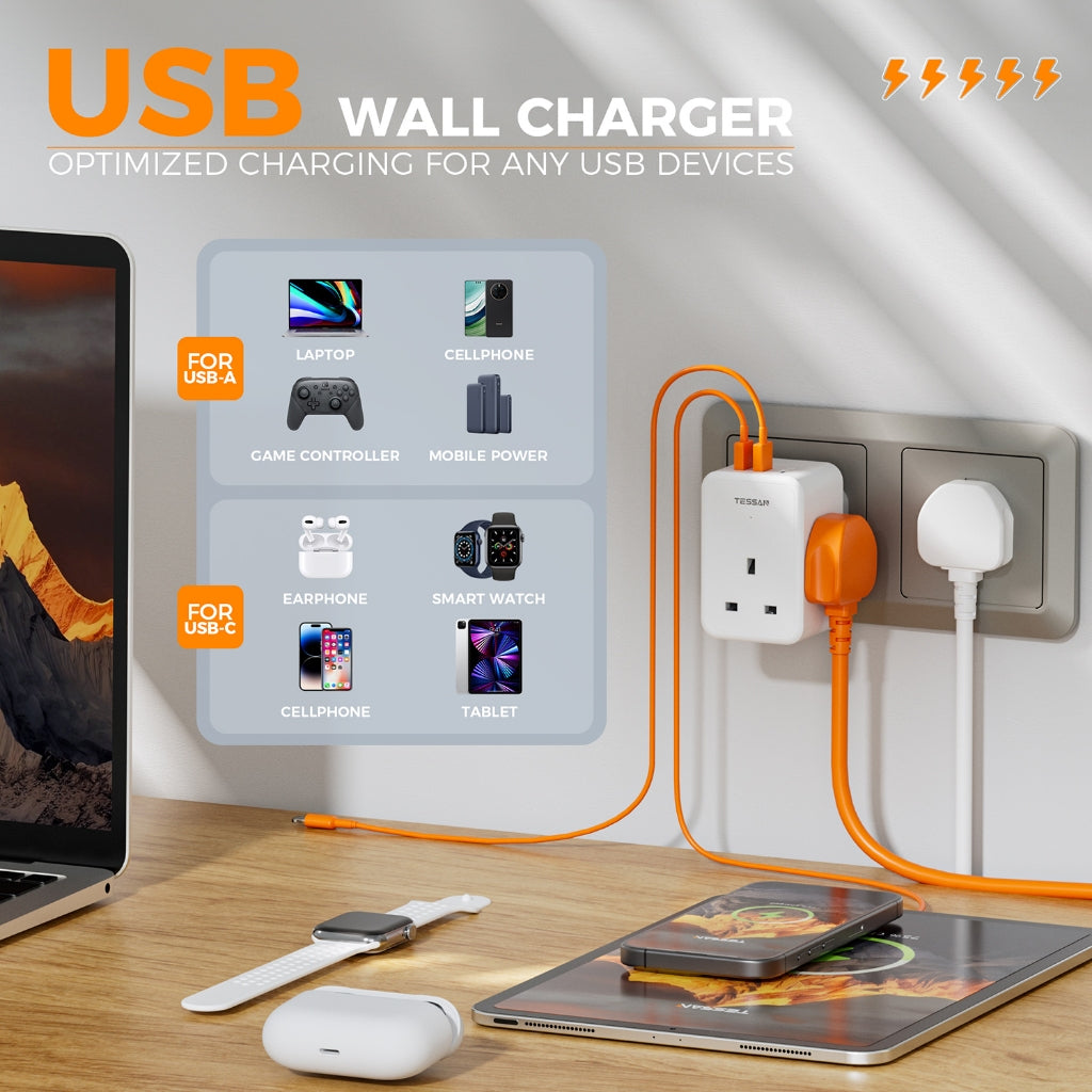 TESSAN - 6 in 1 Wall Socket Multi Plug 3 UK Main with 2 USB A & 1 USB C