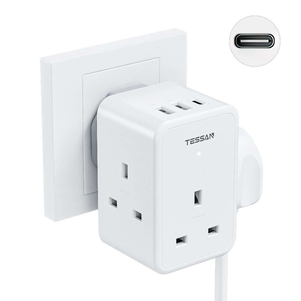 TESSAN - 6 in 1 Wall Socket Multi Plug 3 UK Main with 2 USB A & 1 USB C