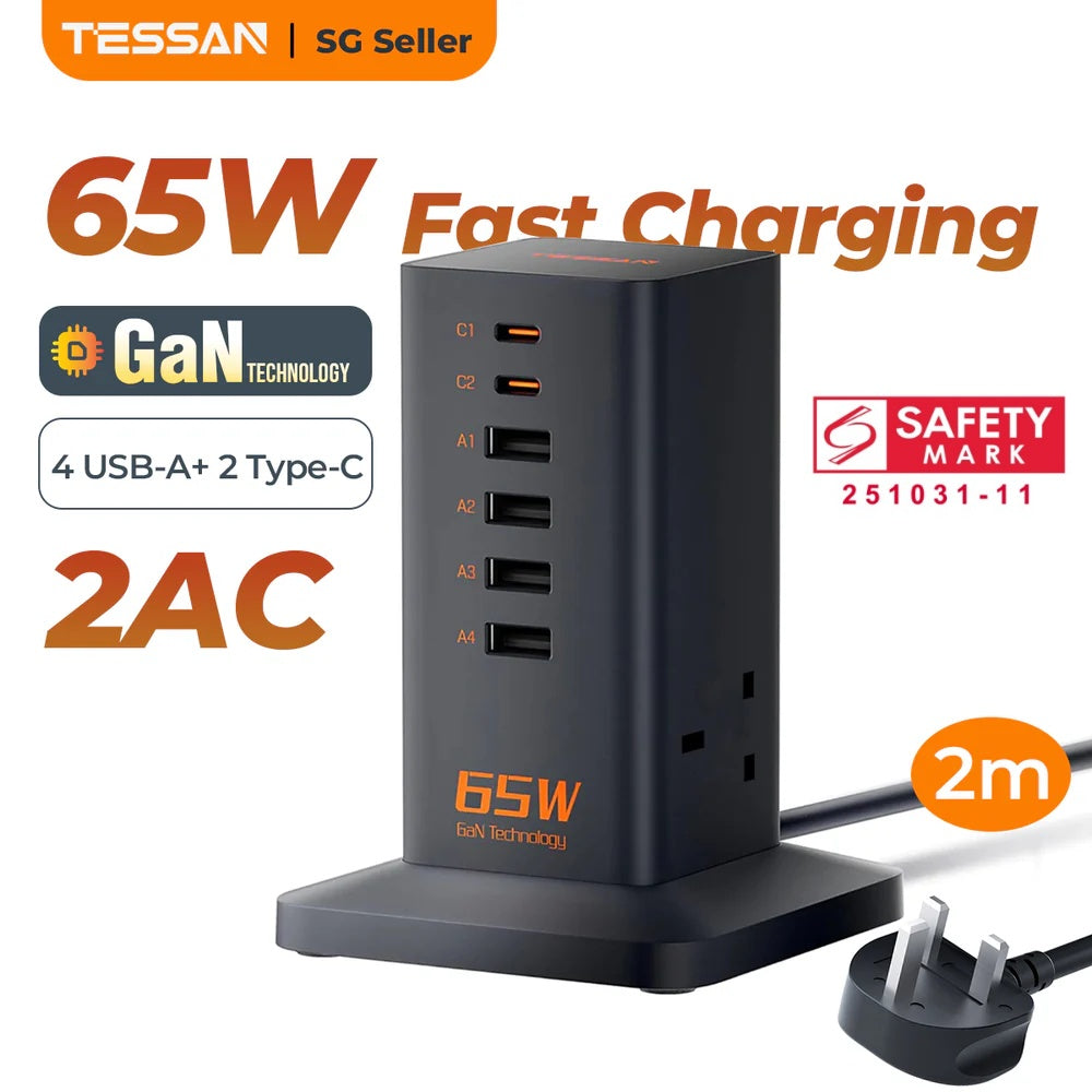 TESSAN Tower Plug Extension – 2 AC Sockets + 6 USB Ports, 65W GaN Fast Charger, Black