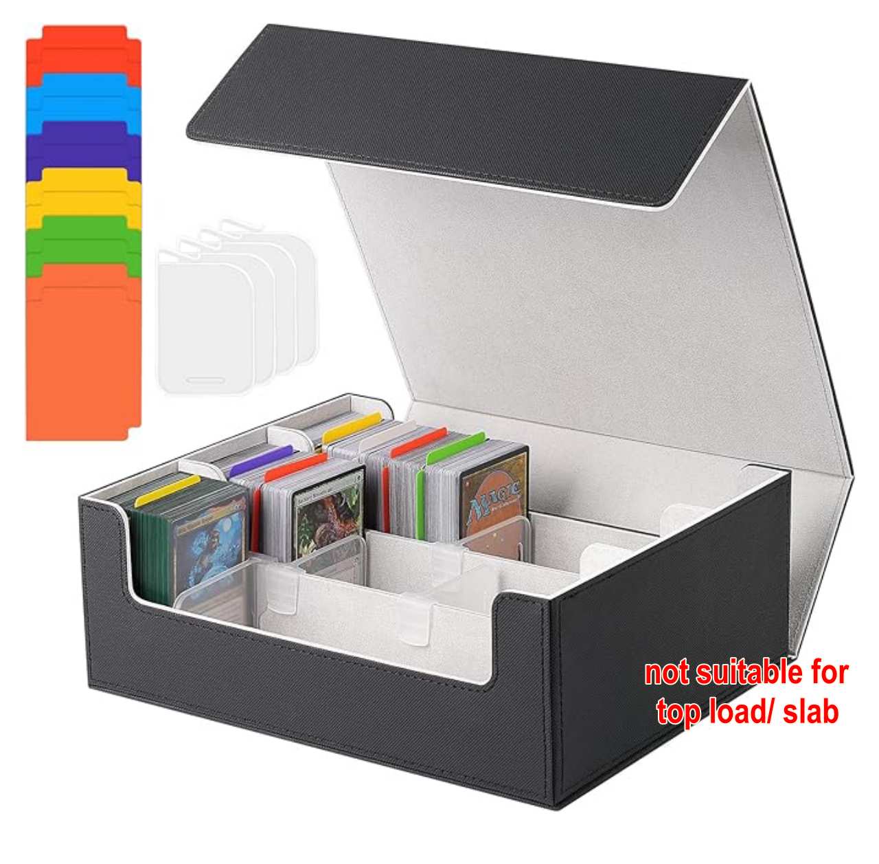 3 Rows Trading Card Storage Box Top Covered - 2400+ Commander Deck Case for Magic the Gathering Pokemon YuGiOh Sports Cards, Leather MTG TCG PTCG with 12 PVC Dividers 4 Card Supporters