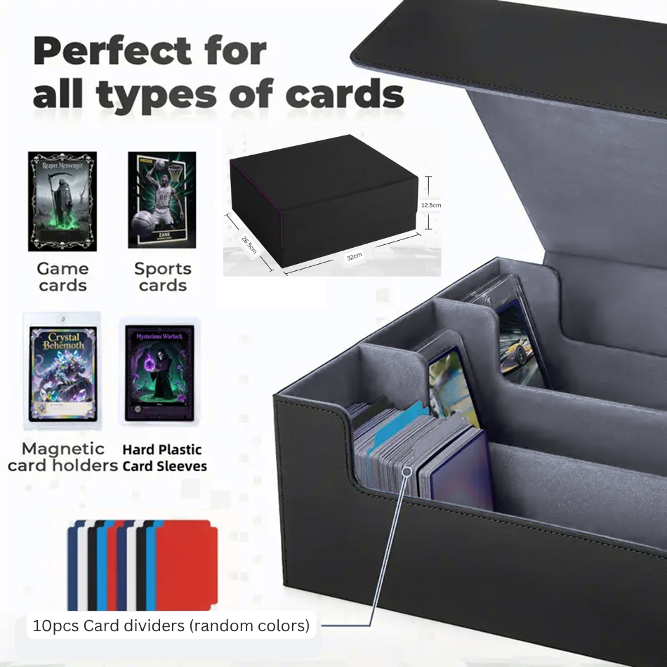 3 Rows Trading Card Storage Box Top Covered - 2400+ Commander Deck Case for Magic the Gathering Pokemon YuGiOh Sports Cards, Leather MTG TCG PTCG with 12 PVC Dividers 4 Card Supporters