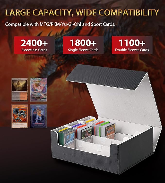 3 Rows Trading Card Storage Box Top Covered - 2400+ Commander Deck Case for Magic the Gathering Pokemon YuGiOh Sports Cards, Leather MTG TCG PTCG with 12 PVC Dividers 4 Card Supporters