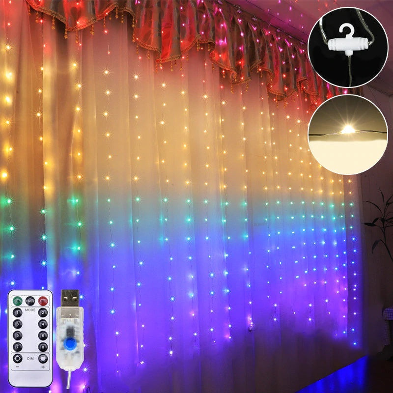 3 Meter x 0.9 Meter 180 Led Battery USB Silver Wire Rainbow Curtain Lights.