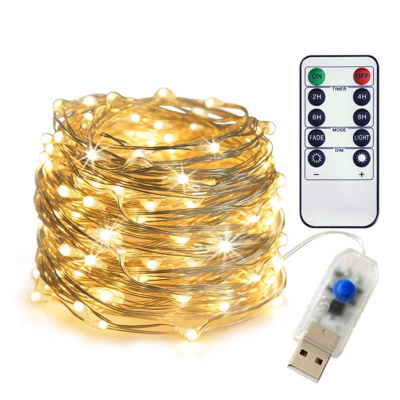 10 Meters 100 Led USB Silver Wire with 8 Modes Remote Control Warm White