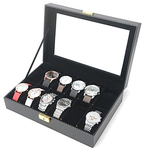 12 Slots Carbon Fiber Full Black Watch Storage Box