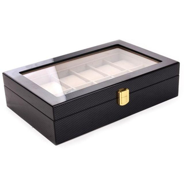 12 Slots Glossy Carbon Fiber Wood Watch Storage Box