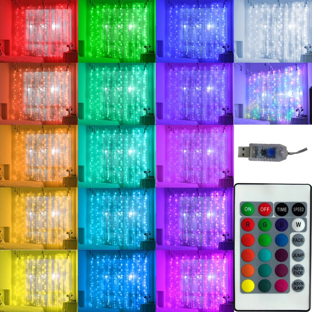 16 Colors USB 3 Meter x 1 Meter Silver Wire 100 Led Curtain Lights with Remote Control