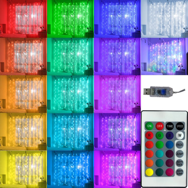 16 Colors USB 3 Meter x 1 Meter Silver Wire 100 Led Curtain Lights with Remote Control
