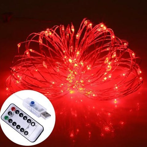 10 Meters 100 Led USB Silver Wire with 8 Modes + Remote Control, Red