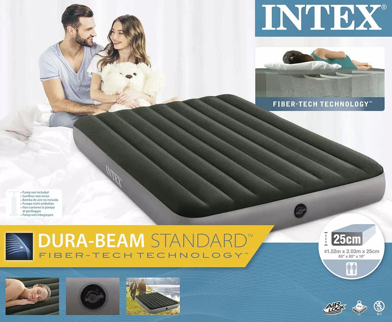[ INTEX ] Fiber Tech Dura Beam Super Queen Size Army Green Inflatable Air Bed with Electric Pump