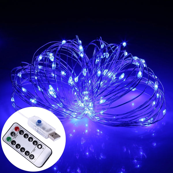 10 Meters 100 Led USB Silver Wire with 8 Modes + Remote Control, Blue