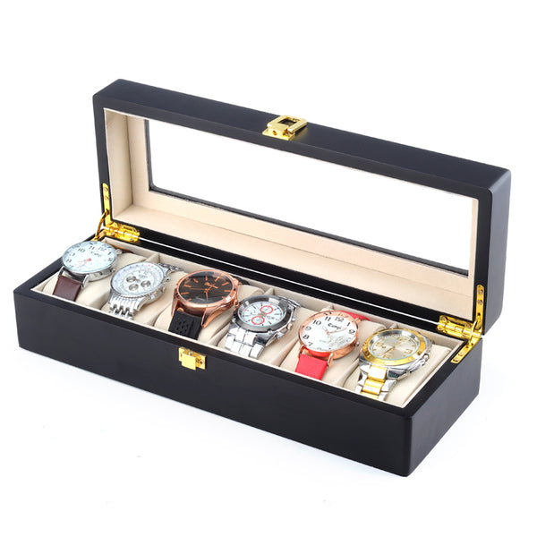 6 Slots Black Matte Wood Watch Storage Box
