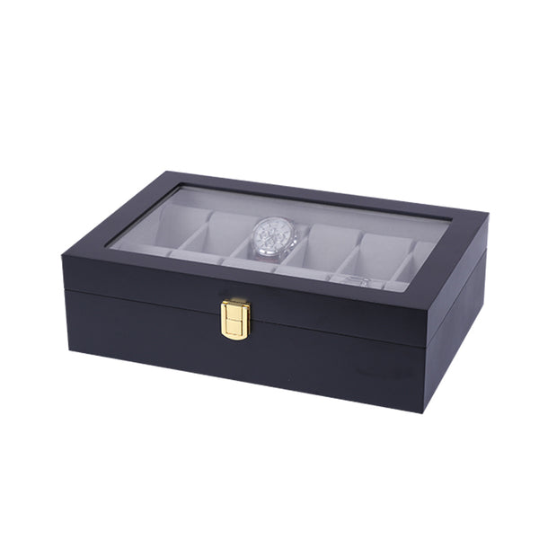 12 Slots Black Matte Wood with Inner Gray Watch Storage Box