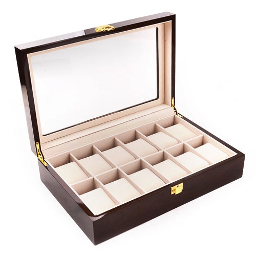 12 Slots Dark Brown Wood Watch Storage Case