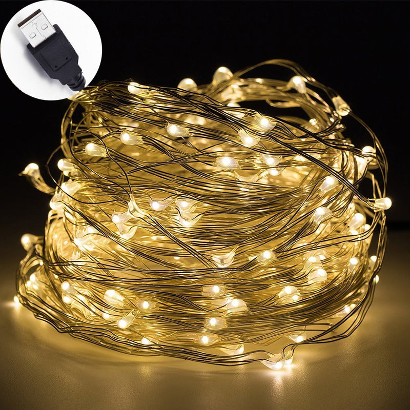 Static Mode - 10 Meters 100 Led USB Silver Wire String Light, Warm White