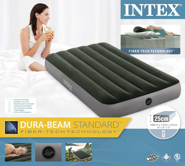[ INTEX ] Fiber Tech Dura Beam Super Single Army Green Air Bed + Electric Pump